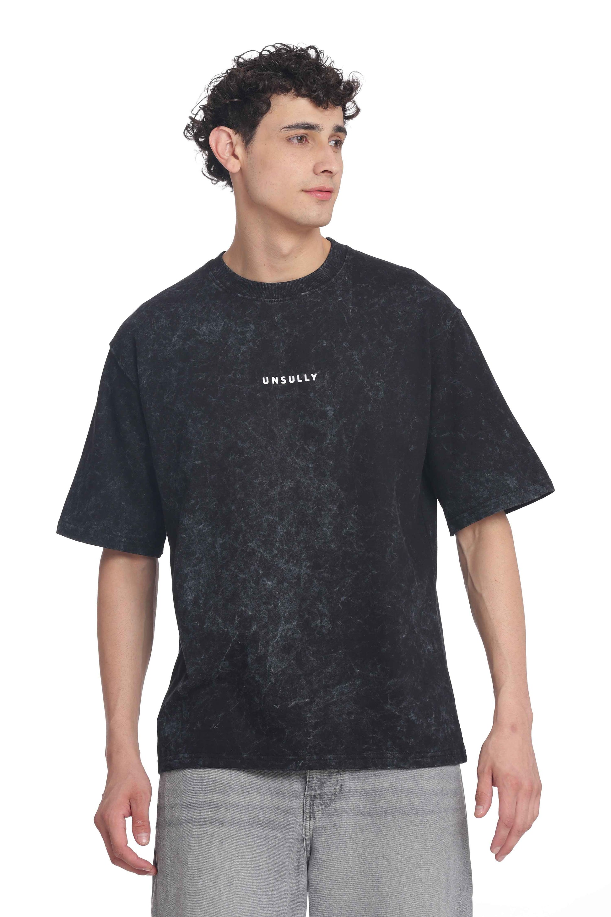 Men’s Oversized Fit Round Neck T-Shirt |  Printed Unisex Drop Shoulder Acid Wash Street Look | Short Sleeve